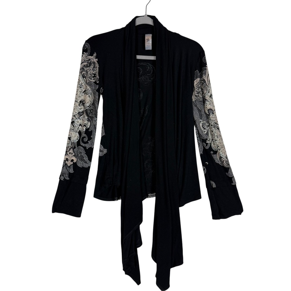 S-Twelve Blouse Womens Small Black Paisley Rhinestone Long Sleeve Fleur De Lis